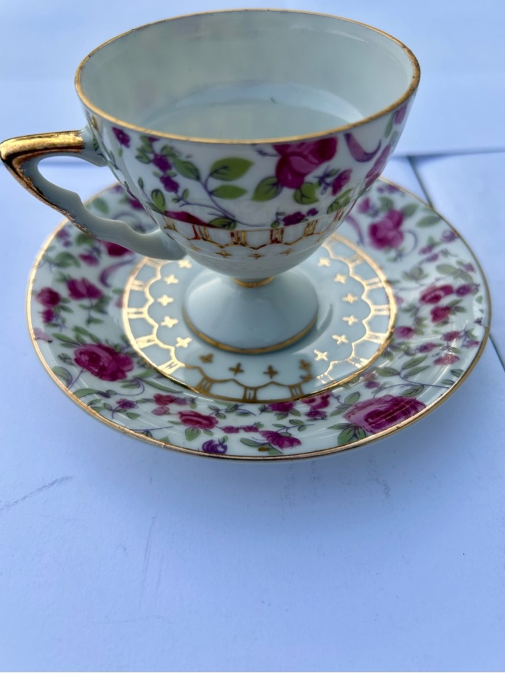Vintage Floral Gold-Trim Pedestal Teacup and Saucer - Pink Rose
